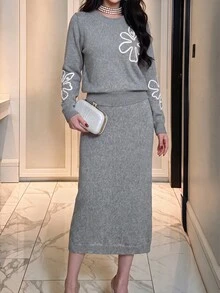 Modelyn Women's Elegant 2 Pieces Set With Applique Faux Pearl Decor Drop Shoulder Long Sleeve Sweater And Knitted Skirt - Grey - View 8