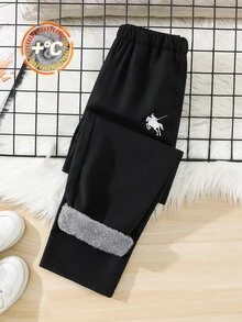 SHEIN 兒童青少年男孩休閒寬鬆加厚保暖內裡黑色長褲，基礎下身褲，適合秋冬、學校、家庭聚會，秋季穿搭，冬季穿搭 - 黑色 - 查看 2