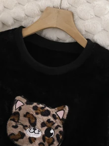 女童居家服豹紋動物刺繡長袖上衣與豹紋滿版毛絨長褲套裝休閒服 - 黑色 - 查看 3