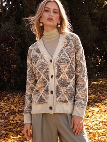 Anewsta Women's Winter Jacquard Loose Comfortable Knit Cardigan Top - Apricot - View 3