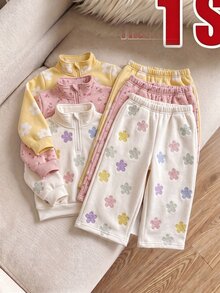 1套女嬰花卉與雛菊印花1/4拉鍊立領運動衫與寬腿運動褲2件套，秋冬運動套裝 - 彩色 - 查看 3