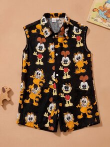 GARFIELD | SHEIN 1件可愛趣味風男嬰連身衣，舒適領口無袖連身衣，Garfield聯名嬰兒連身衣 - 黑色 - 查看 1