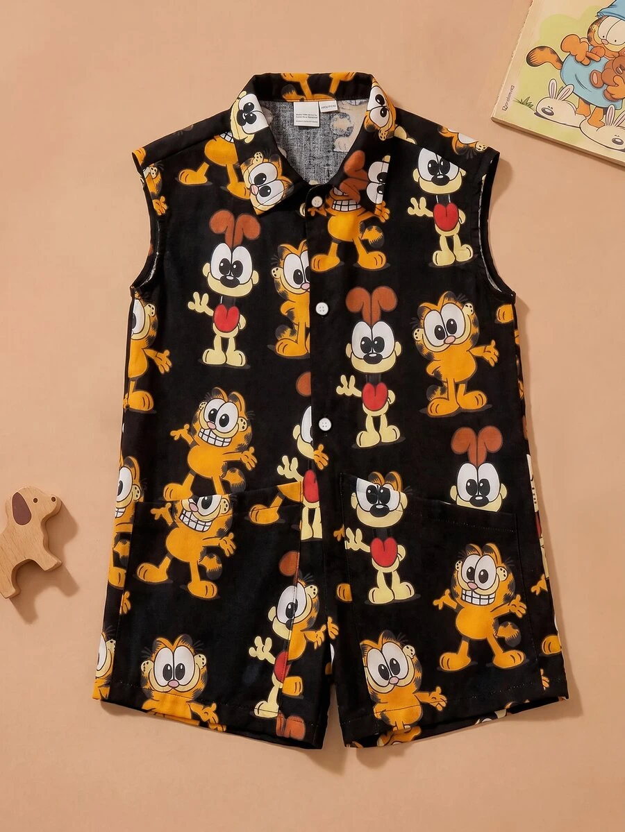 GARFIELD | SHEIN 1件可愛趣味風男嬰連身衣,舒適領口無袖連身衣,Garfield聯名嬰兒連身衣 - 黑色 - 查看 1