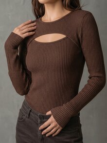 New Women's Fashion Casual Versatile Ribbed Silver Glitter Round Neck Long Sleeve T-Shirt - Brown - View 6