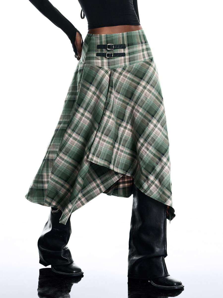 LYSMO Women's Waist Buckle Design Plaid Asymmetrical Hem Casual Skirt - Multicolor - View 1