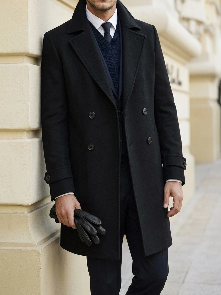 DAZY Men's Mid-Length Double-Breasted Lapel Overcoat With Matching Lining, Autumn/Winter Commuter Style - Black - View 1