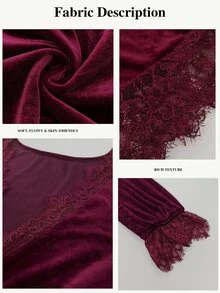 Elenzga Đầm size lớn cổ chữ V phối ren tương phản cao cấp đa năng - Màu Đỏ Sâu - Xem 4