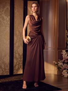 MOTF Soiréza WOMEN'S PLEATED SATIN HIGH-END DRAPED COWL NECK ELEGANT EVENING DRESS - Coffee Brown - View 5