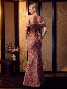 MOTF Soiréza GAUN PESTA JACQUARD DESAIN 3D LEHER KOTAK UNTUK WANITA - Merah tua - View 6