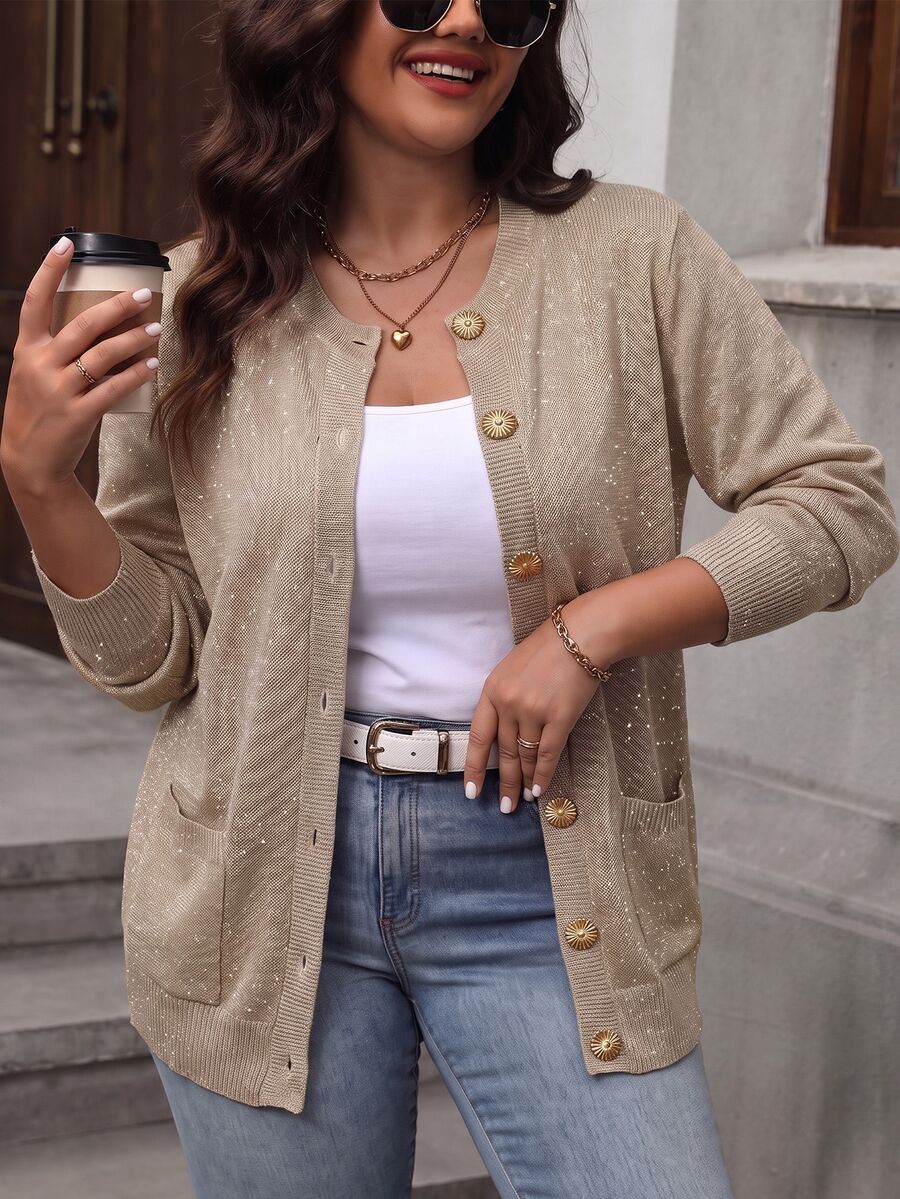 Linhara CURVE Plus Size Women's Single-Breasted Casual Versatile Daily Cardigan - Gold - View 1