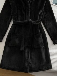 Jubah Berkerudung Kasual Serbaguna dengan Ikat Pinggang Warna Polos untuk Anak Perempuan Remaja - Hitam - View 5