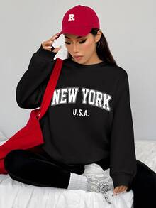 SHEIN EZwear 2件組紐約印花寬鬆圓領運動衫與緊身長褲，秋冬款 - 黑色 - 查看 4