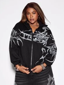 ROMWE Street Life Plus Size Women's Autumn/Winter Street Style Casual Printed Gothic Zip-Up Hooded Long Sleeve Sweatshirt - Black - View 5