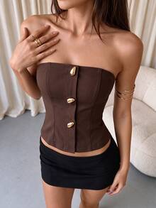 Coastalzia Women's Fashion Commute Solid Color Metal Button Decor Fitted Tube Top - Brown - View 3