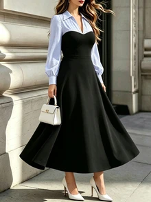 Auvina Plus Size Women Striped Solid Color Patchwork 2 In 1 Dress, Elegant Long Sleeve Lapel Dress Maxi Wom - Blue and White - View 3