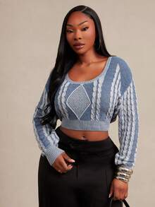 SHEIN SXY Washed Effect V-Neck Long Sleeve Cropped Slim Fit Sweater - Multicolor - View 8