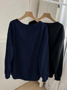 SHEIN LUNE Sweatshirt Fleece Leher V Kasual Wanita, Set 2 Potong, Cocok untuk Musim Gugur/Dingin - MultiWarna - View 2
