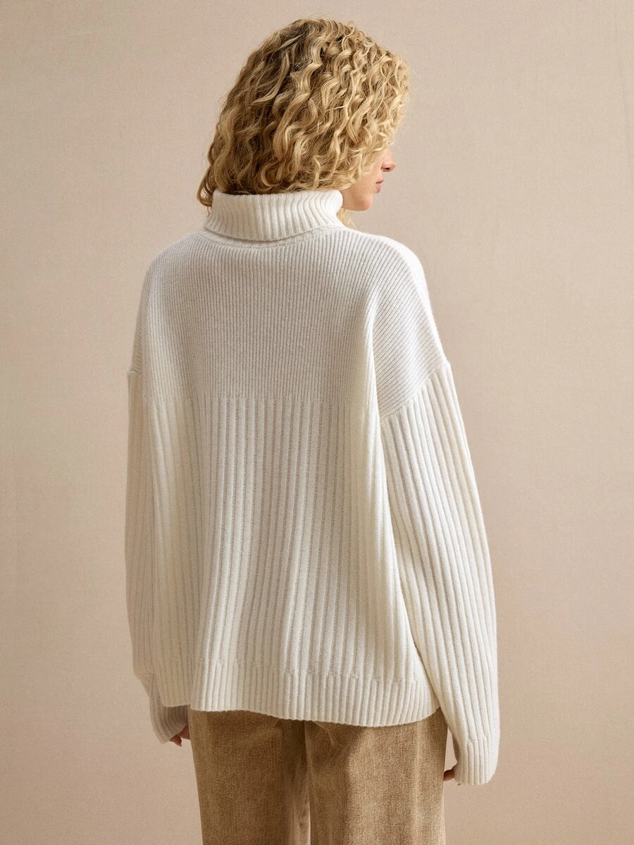 MOTF PREMIUM WOMEN'S SOLID COLOR HIGH NECK DROP SHOULDER LONG SLEEVE CASUAL SWEATER - White - View 2