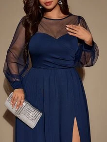 Velvienne Plus Size Women's Fall/ New Solid Color Mesh Patchwork Side Slit Dress, Party Cocktail Gathering Wedding Formal Dress Navy Blue Elegant - Navy Blue - View 7