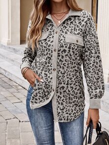 EMERY ROSE Women's Leopard Print Single-Breasted Long Sleeve Casual Regular Fit Jacket - Grey - View 7