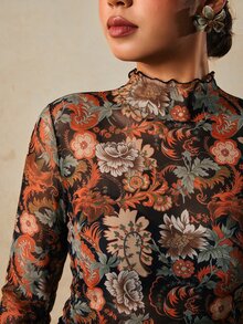 Travachic 大尺碼女款浪漫花卉印花長袖上衣 - 彩色 - 查看 3