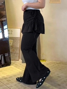 Dazy Plus Korean Style Solid Color Casual Long Pants With Ruffle Trim 2 In 1 Design For Girls - Black - View 3