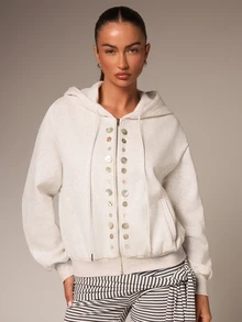 Athîral Women's Casual Hooded Long Sleeve Fitted Button-Up Sweatshirt, Suitable For Daily Wear, Dating And Gatherings - Grey - View 6