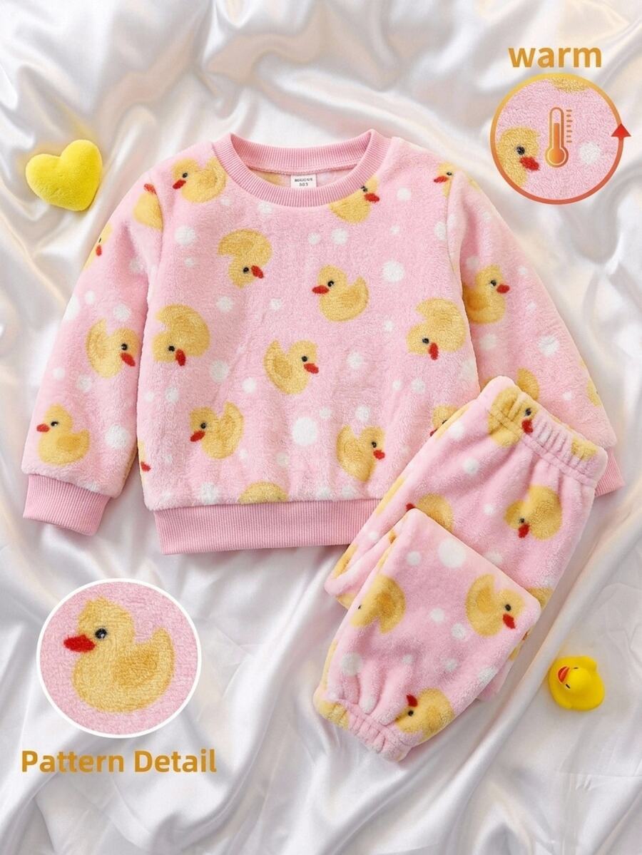 SHEIN 女嬰全印花長袖上衣與長褲休閒日常居家睡衣套裝 - 彩色 - 查看 1