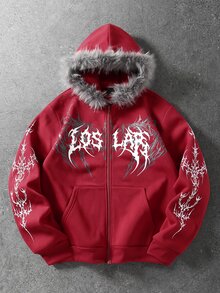 ROMWE MEN Men's Gothic Pattern Plush Patchwork Casual Versatile Hoodie - Red - View 1