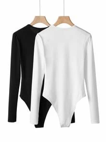 SHEIN BASICS Women's Minimalist Solid Color Long Sleeve Bodysuit 2 Pieces Set - Black and White - View 9