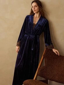 MOTF PREMIUM WOMEN'S LACE PATCHWORK CAMISOLE TOP, PANTS AND ROBE CASUAL HOME SLEEPWEAR SET - Blue - View 7