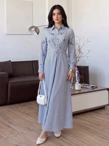 Solavon Women's Embroidered Design Striped Long Sleeve Button Half-Placket Casual Shirt Long Dress - Blue and White - View 4