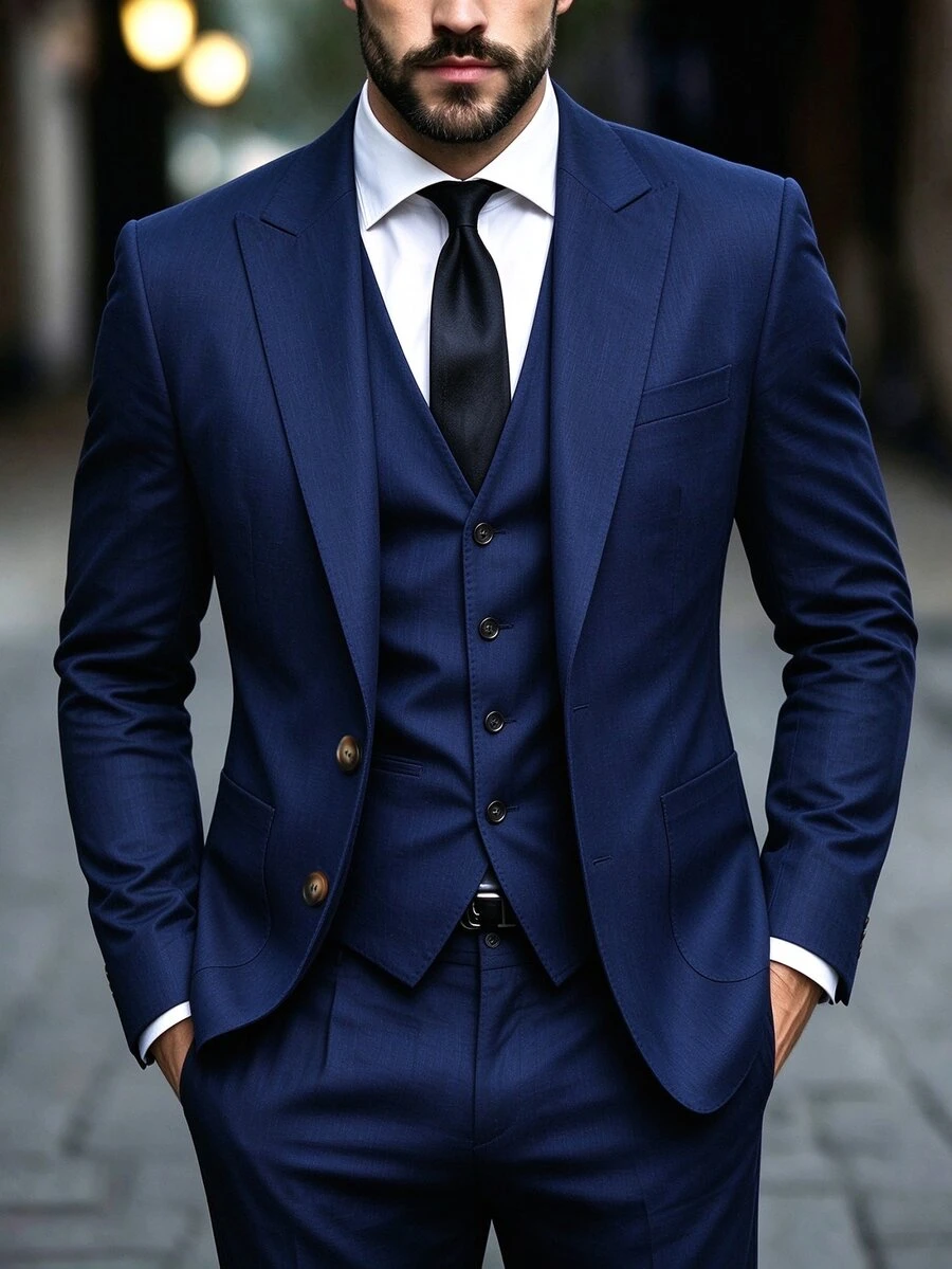 Manfinity Mode Men's Solid Color Long Sleeve Jacket And Pants Casual Daily Suit Set - Navy Blue - View 1