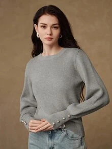 Anewsta Elegant Commuter Gray Vertical Ribbed Knit Sweater For Women, Round Neck Slim Fit Lantern Sleeve Pearl Button Wavy Hem Long Sleeve Pullover Top - Grey - View 7