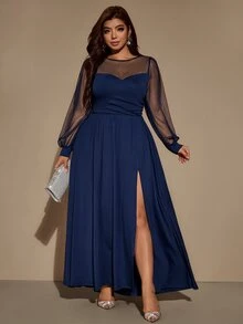 Velvienne Plus Size Women's Fall/ New Solid Color Mesh Patchwork Side Slit Dress, Party Cocktail Gathering Wedding Formal Dress Navy Blue Elegant - Navy Blue - View 1