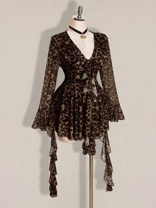 SHEIN ICON 大尺碼復古性感千禧風 Y2K 都市現代前衛大膽個性豹紋 V 領荷葉邊喇叭袖飄逸緞帶洋裝 - 彩色 - 查看 5