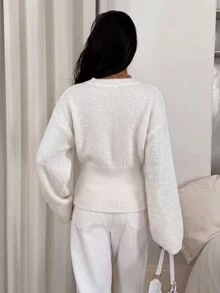 Siren Gaze 女款休閒長袖針織開襟衫 毛茸茸針織開襟衫 白色女裝 秋冬穿搭 Y2K風格服飾 - 白色 - 查看 2