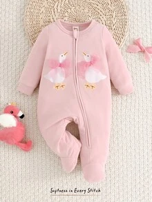 Cozy Pixies 新生兒嬰兒睡衣 卡通動物甜美可愛小鴨圖案 3D網格蝴蝶結設計 圓領長袖針織抓絨長褲 百搭舒適 - 粉色 - 查看 2