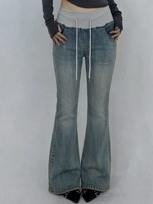 Livesso Deep Blue Washed Distressed High Waist Loose Flare Wide Waistband Design Cargo Style Casual Denim Jeans For Women Fall - Blue - View 1