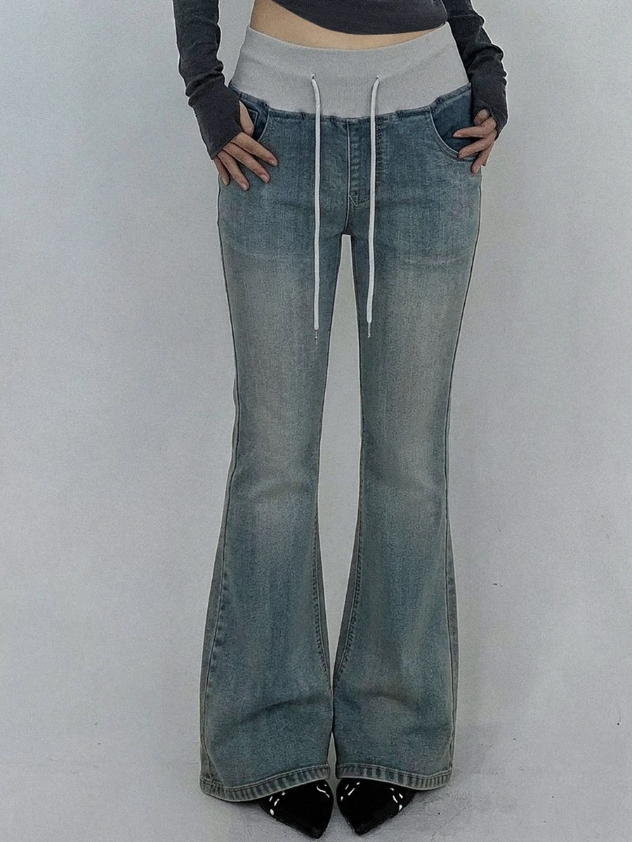 Livesso Deep Blue Washed Distressed High Waist Loose Flare Wide Waistband Design Cargo Style Casual Denim Jeans For Women Fall - Blue - View 1