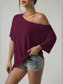 SHEIN ICON 美式街頭休閒寬鬆版型不對稱肩設計純黑色T恤 - 中紫紅色 - 查看 3