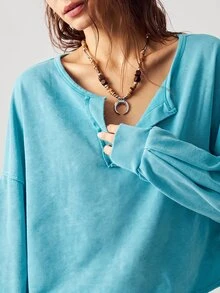 Bohemela 女款休閒純色V領長袖寬鬆套頭運動衫，秋冬款 - 薄荷藍 - 查看 8