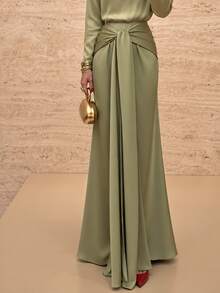 Graceveil Elegant Waist Twist Knot Wrap Tie Draped Flared Split Long Skirt - Green - View 3