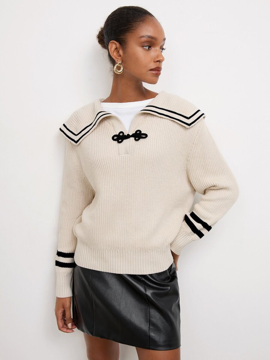 Maija Women's Striped Sailor Collar Button Design Long Sleeve Sweater - Apricot - View 1