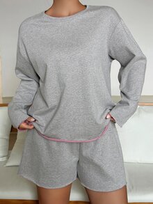 Dazy Plus Set Pakaian Santai 2 Potong: Kaos Lengan Pendek Polos Longgar & Celana Pendek Piyama Lurus - Grey - View 7