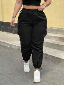 POPSWAY Plus Size Casual Solid Color Multi-Pocket Drawstring Cargo Pants Fall Cloth For Women - Black - View 3