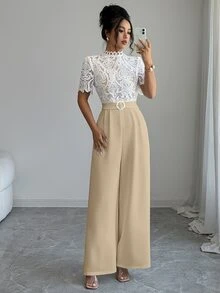 Elenzga 2026 春夏優雅休閒約會多場合小立領蕾絲刺繡拼接連身褲 - 卡其色 - 查看 6
