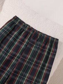 女童居家服 大童女孩羅紋半開胸長袖格紋褲休閒舒適居家服 2件套 - 綠色 - 查看 5