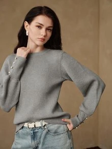 Anewsta Elegant Commuter Gray Vertical Ribbed Knit Sweater For Women, Round Neck Slim Fit Lantern Sleeve Pearl Button Wavy Hem Long Sleeve Pullover Top - Grey - View 3
