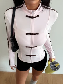 Coolane Women's Side Stripe Frog Button Placket Sports Jacket - Pink - View 1